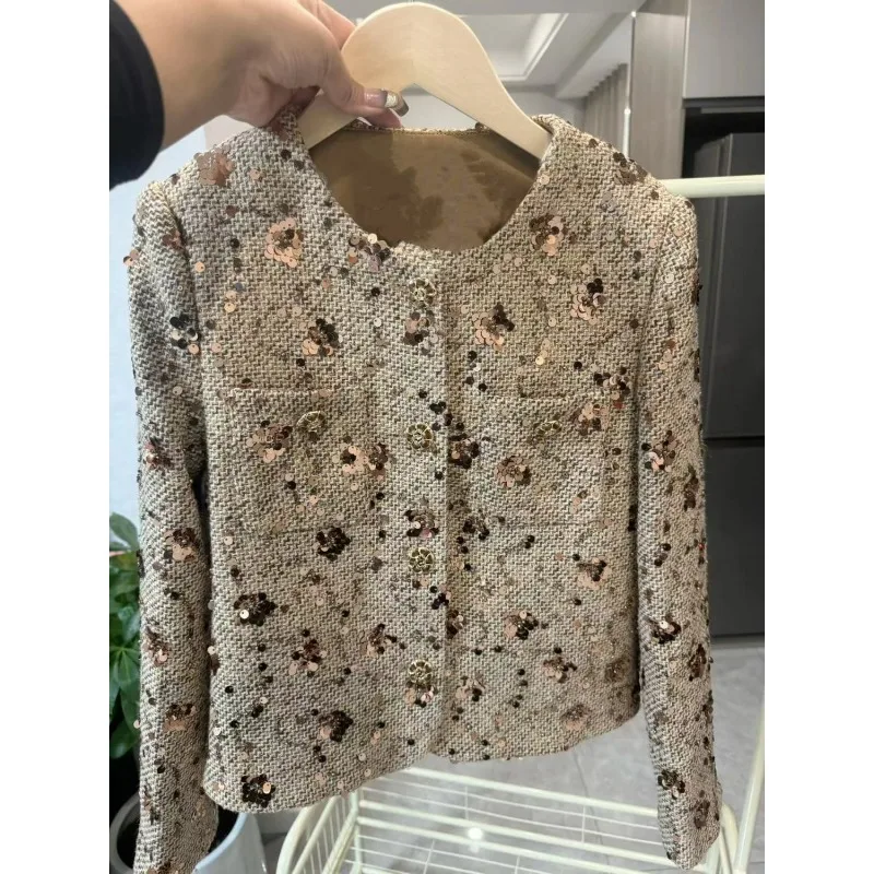 2025 French Sequin Fashion Autumn New Coat Temperament Round Neck Long Sleeve Versatile Short Top