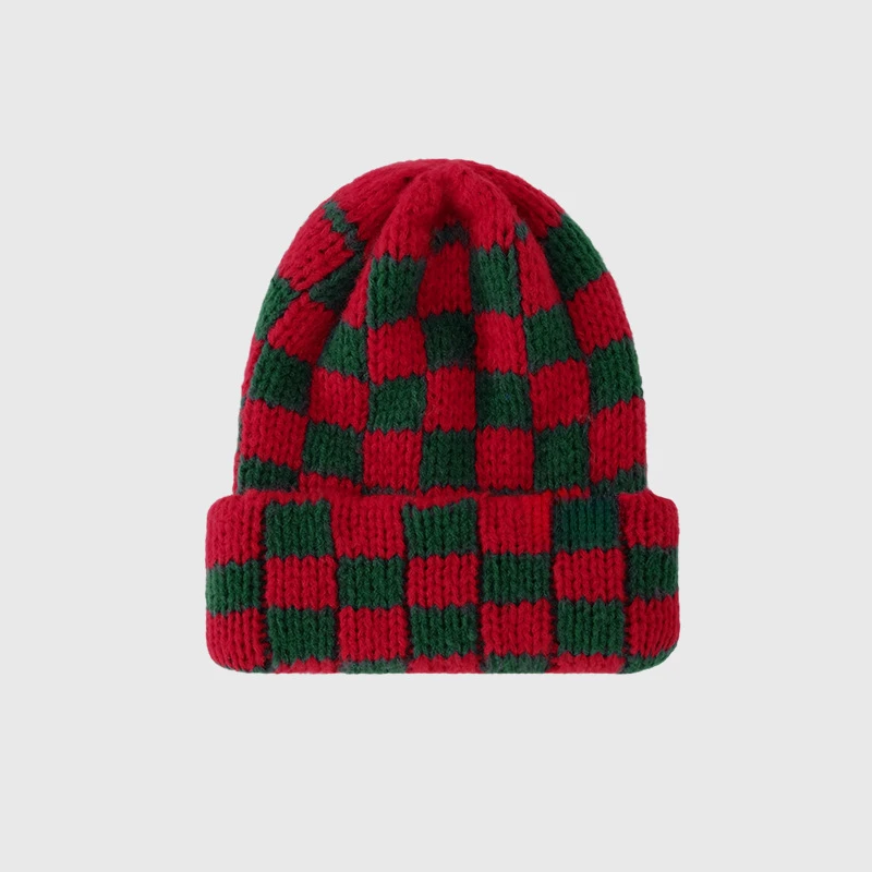 New Japanese Korean Winter Check Plaid Skullies Beanies Knit Hat for Women Ins Luxury Brand Y2k Bonnet Heavy Warm Hat Casual Cap