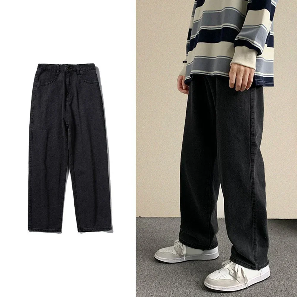 Jeans Men Pants Daily Korean Lightweight Slight Stretch Solid Color Straight Streetwear Wide Leg Comfy Fashion