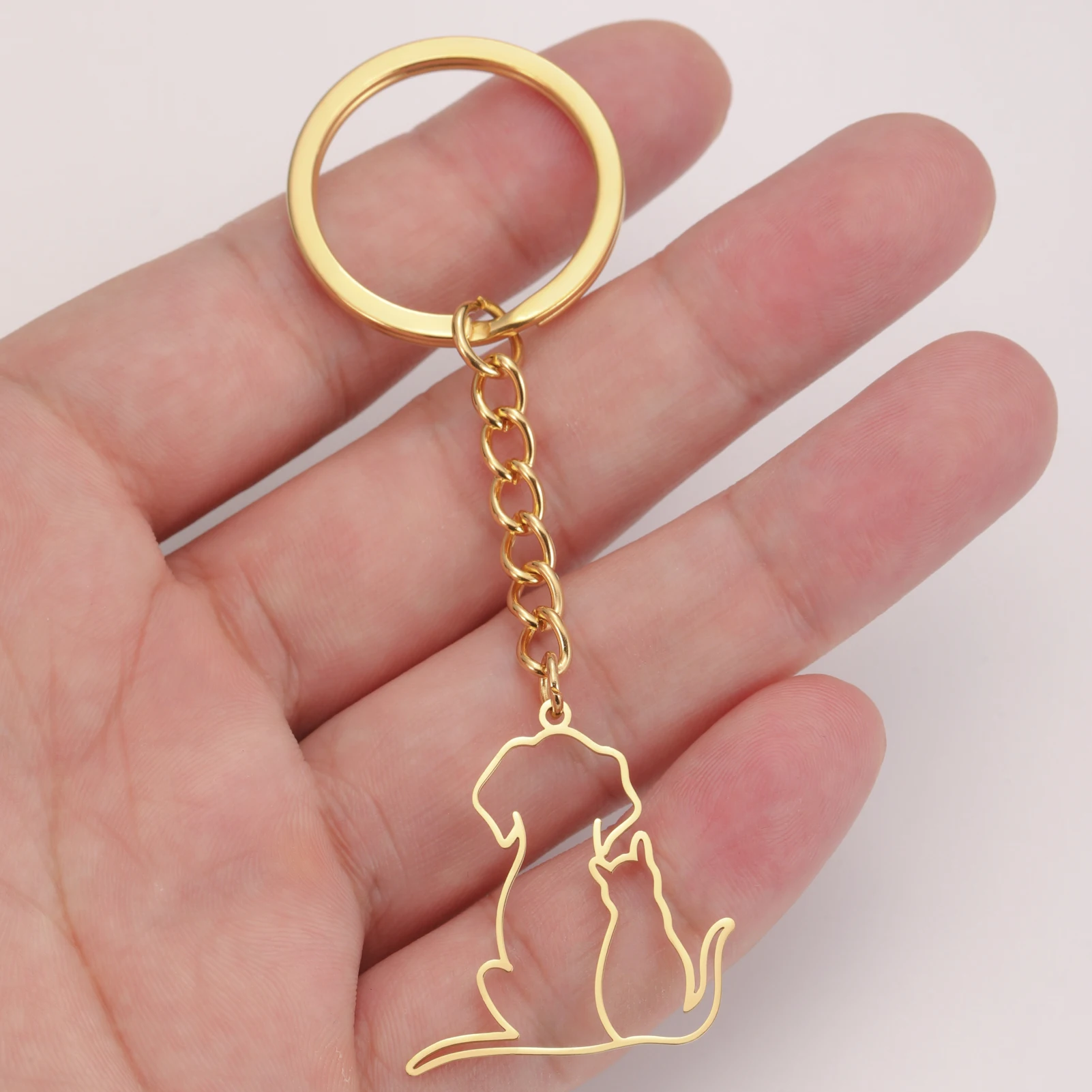 COOLTIME Cute Cat Dog Pendant Keychain Stainless Steel Puppy Kitten Pet Keyring for Backpack Jewelry Gift Wholesale