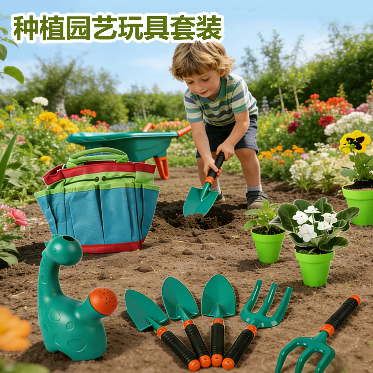 Gardening Tools toys Set Children’s Outdoor Beach Sand Toys Wheelbarrow Watering Can Shovel Rake Planting Pretend Play