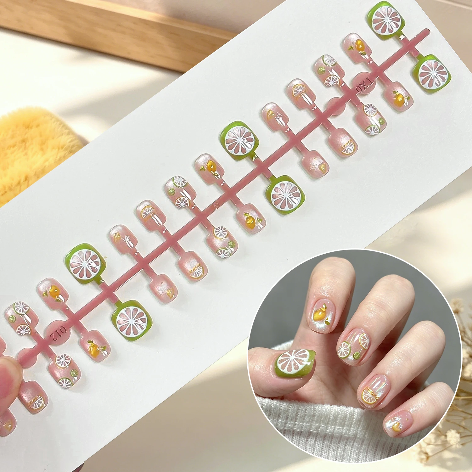 30 Stück niedliche kurze, runde Cat-Eye-Press-On-Nägel für Kinder, Kawaii-Kirsche, Zitrone, Erdbeere, künstliche Nägel, vollständige Abdeckung, künstliche Nägel für Kinder, D3^ – Detail 2