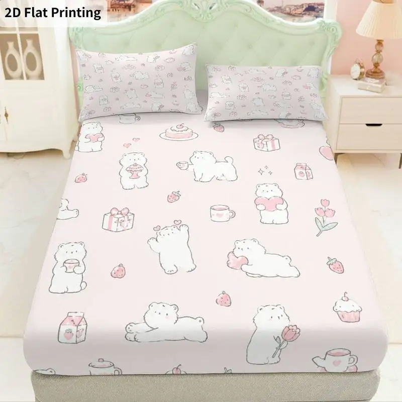 3Pcs Pastelbearprint Fitted Sheet Three Piece Set (1*Fitted Sheet + 2*Pillowcases, Coreless), Bedding Set.