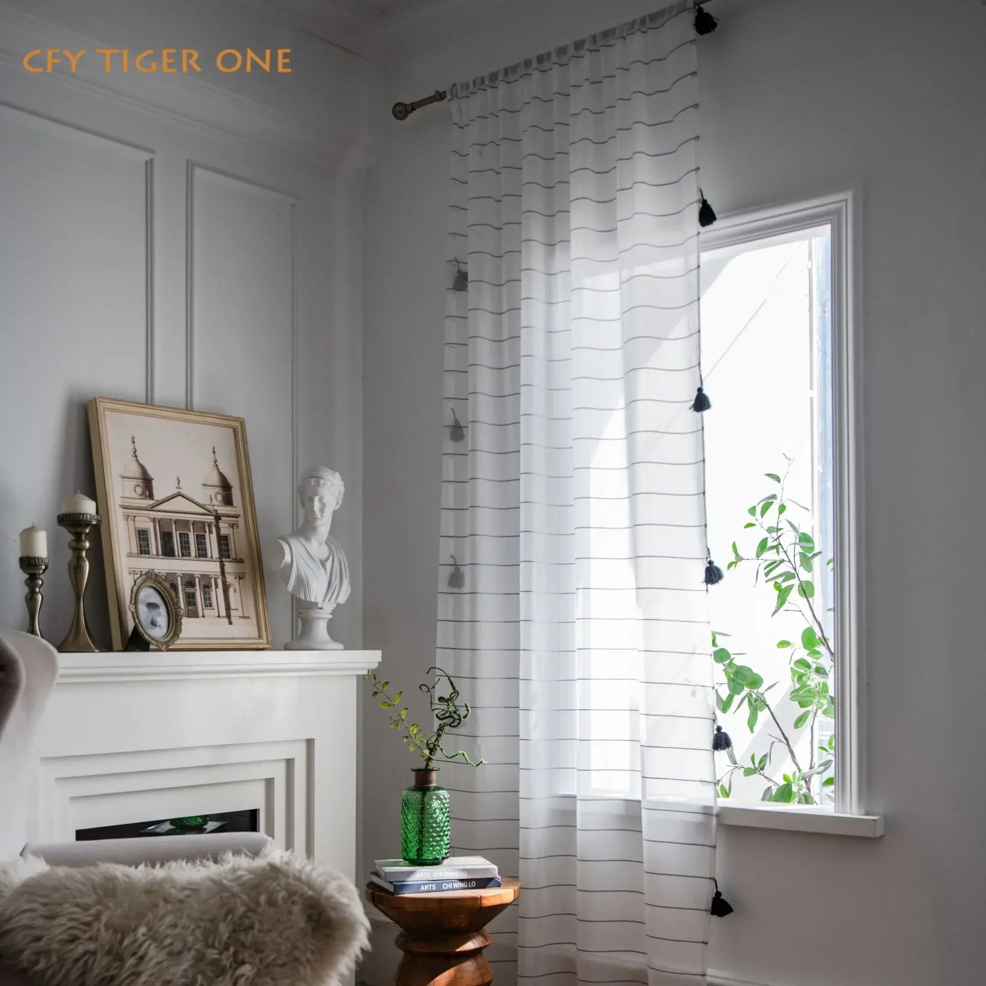 

Modern Striped Window Curtain with Black Tassels Blackout Valance for The Luxury Living Room Tulle for Living Room