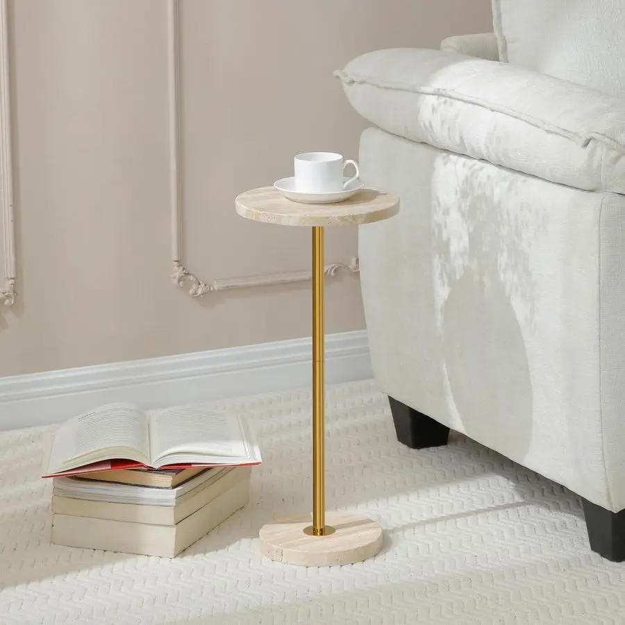 

Marble Round Drink Table, Stone Finish Pedestal End Table for Living Room, Weighted Base Small Accent Side Table for Small Space