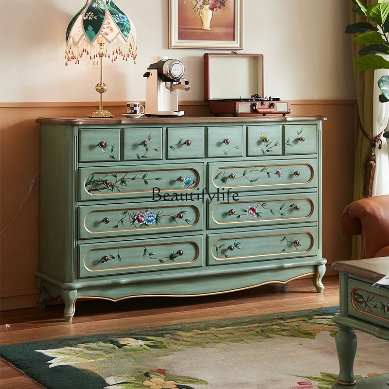 

American painted nine-chest cabinet, living room, porch cabinet, foyer, storage against the wall, retro solid wood