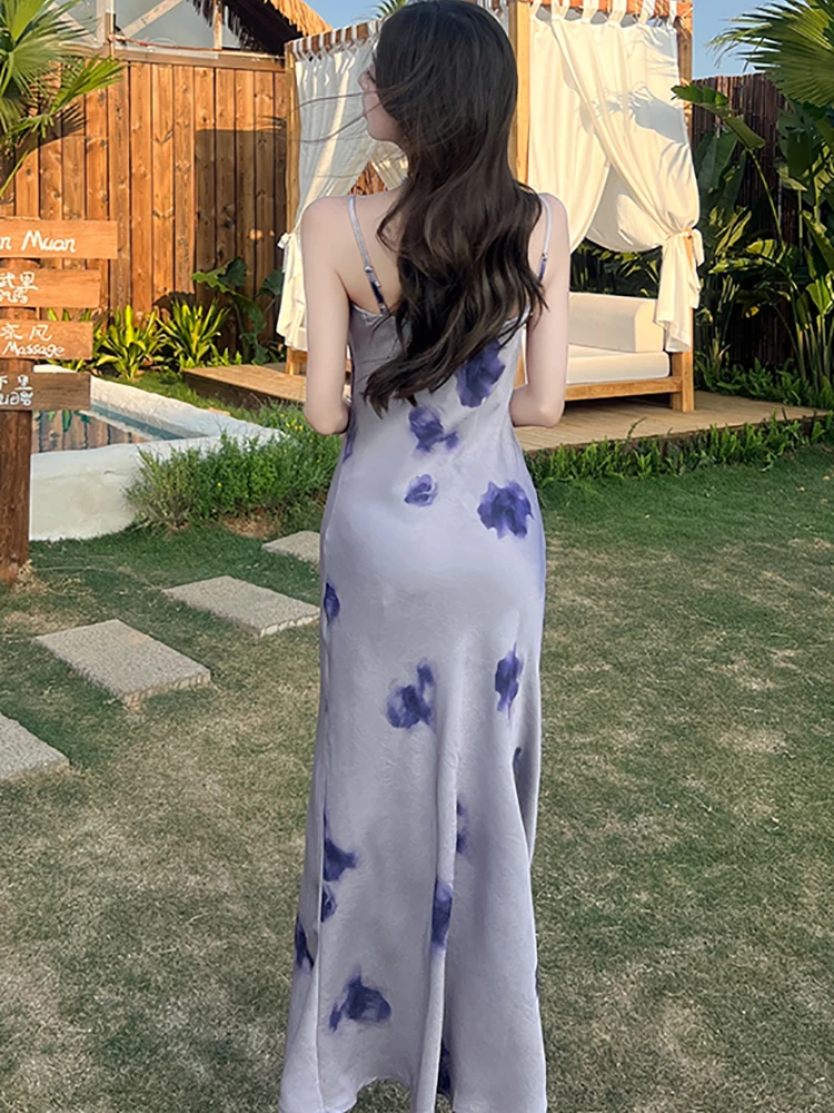 Verano púrpura satén Floral Sling Sexy vestido largo mujeres elegante Casual vestido para casa 2025 moda coreana ceñido al cuerpo Festival vestido de graduación
