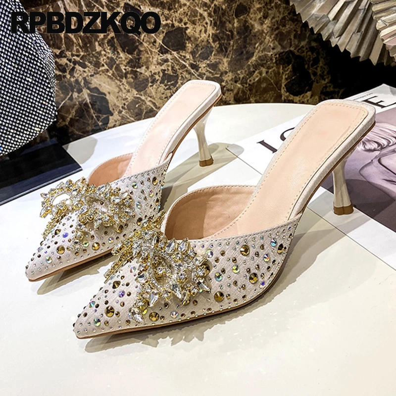 

Sandals Shoes Mules Half Pumps Slides Crystal Women High Heels Rhinestone Jewel Diamond Stiletto Bow Knot Closed Toe Slippers