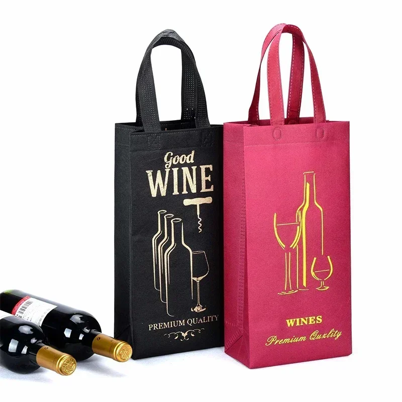 50pcs Non-woven Black Clean Face Red Wine Bag Thick Gift Handle Bags Double-bottle General Film Color Printing Wine Package