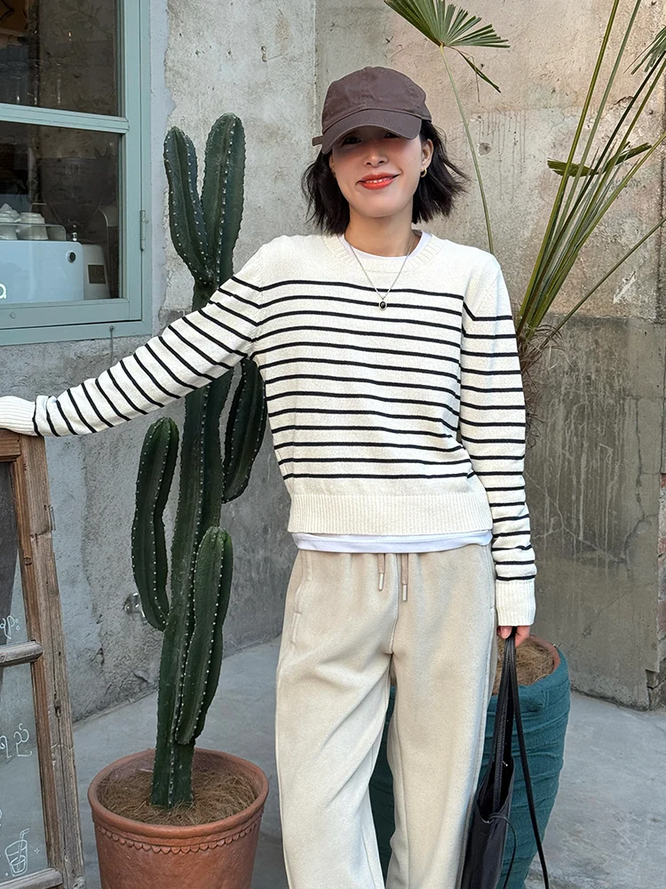 

Loose Long Sve round Ne Knitted Sweater Beige Stripes Base Layer irt Warm Casual Sle Women's Cotton Blend Sweater