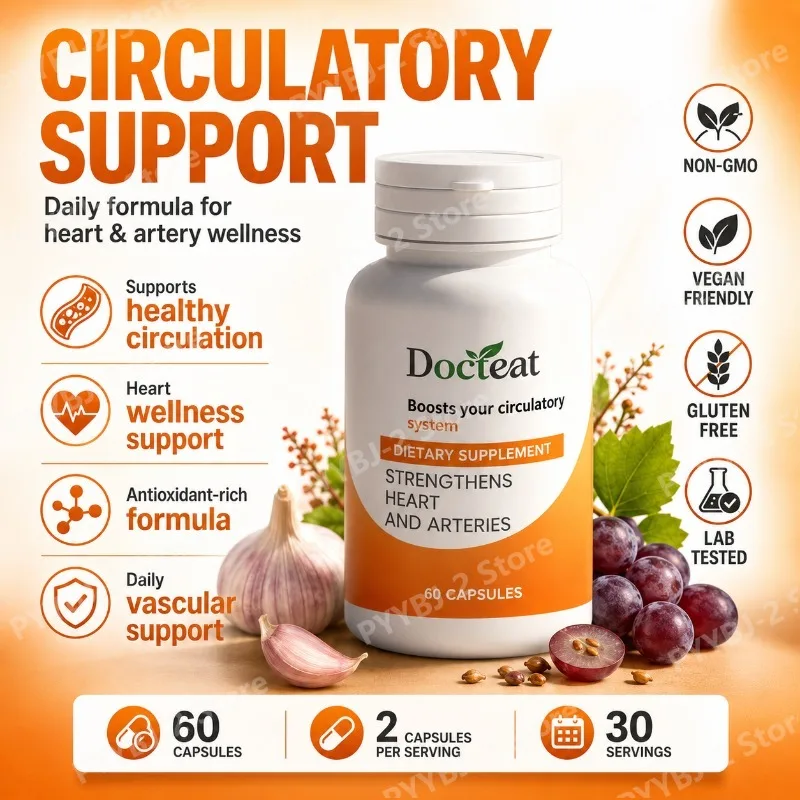 Blood Circulatory Support Capsules 60 Count Enhance Energy & Combat Fatigue — Garlic,Grape Seed Extract and Trans-Resveratrol