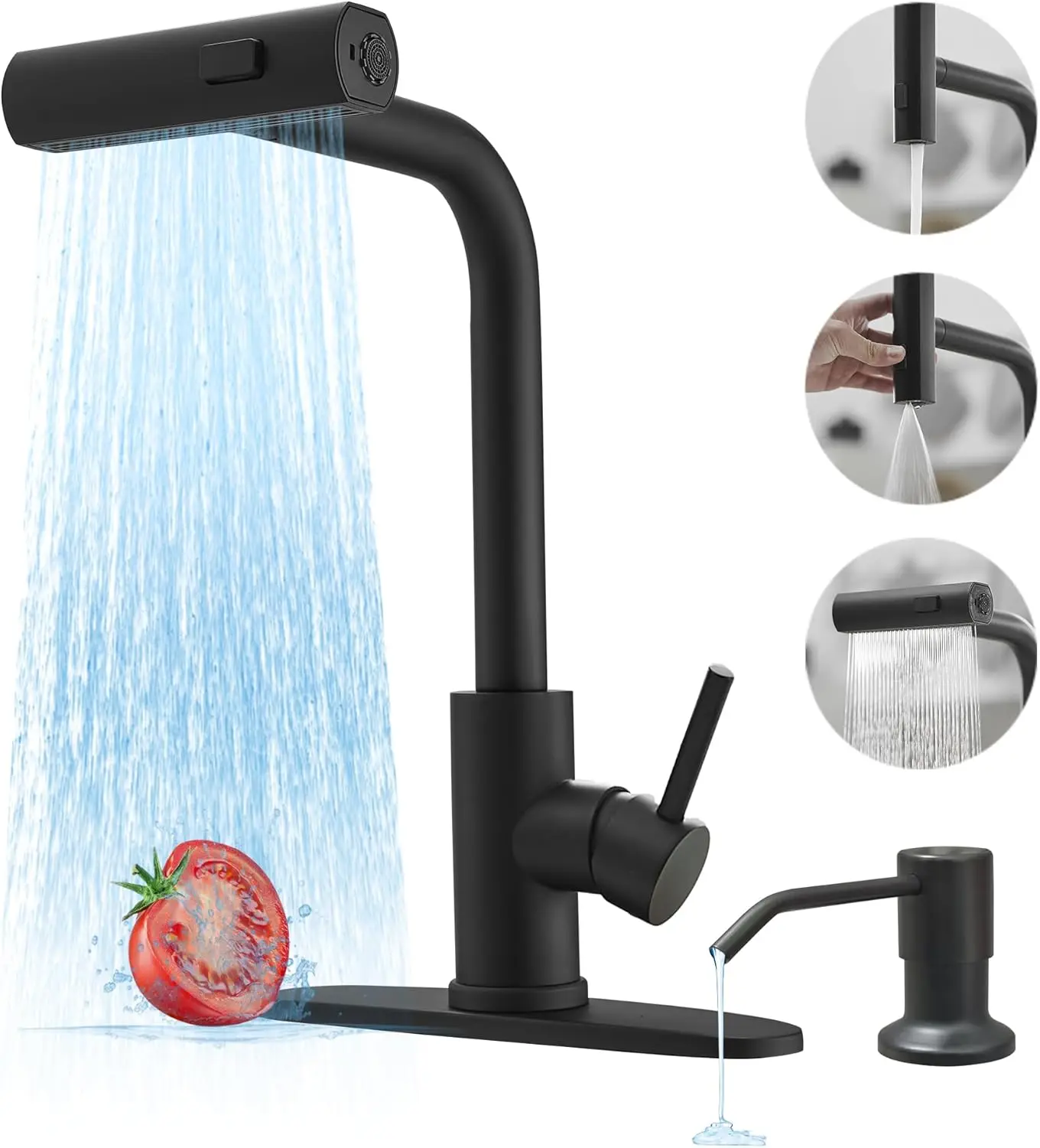 

Black Kitchen Faucets with Pull Down Sprayer,Waterfall Kitchen Sink Faucet with Soap Dispenser,Utility Stainless Steel Kitchen F