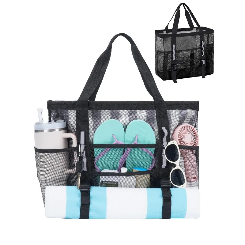 

Women's Mesh Beach Bag Large Beach Tote Bag with Extra Large Side Pocket High Capacity Mesh Bag