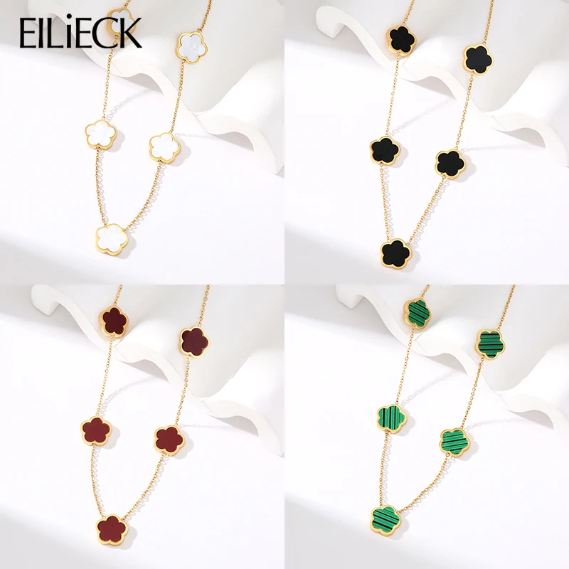 EILIECK 316L Stainless Steel Colorful Five Leaf Clover Necklace For Women Fashion Waterproof Neck Chain Jewelry Gift Bijoux