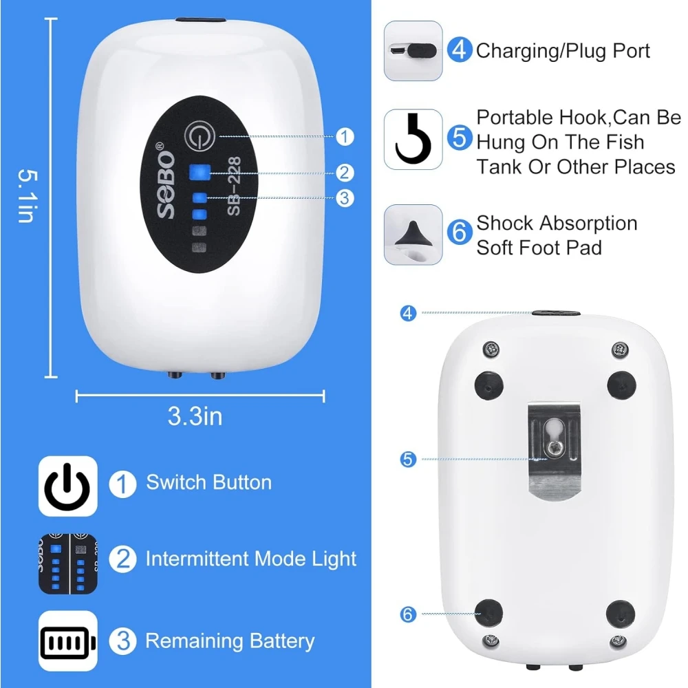 Aquarium Oxygen Air Pump Portable Emergency USB Rechargeable Ultra Whisper Quiet Fish Tank Pump For Fishing Fish Transportation