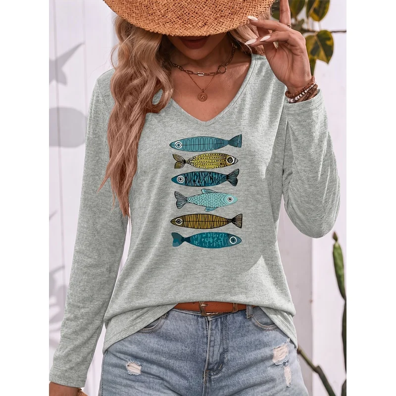Vertical Arrangement Hand Drawn Style Small Fish Pattern Printed V Neck Long Sleeve T Shirts Comfortable Soft Breathable Classic