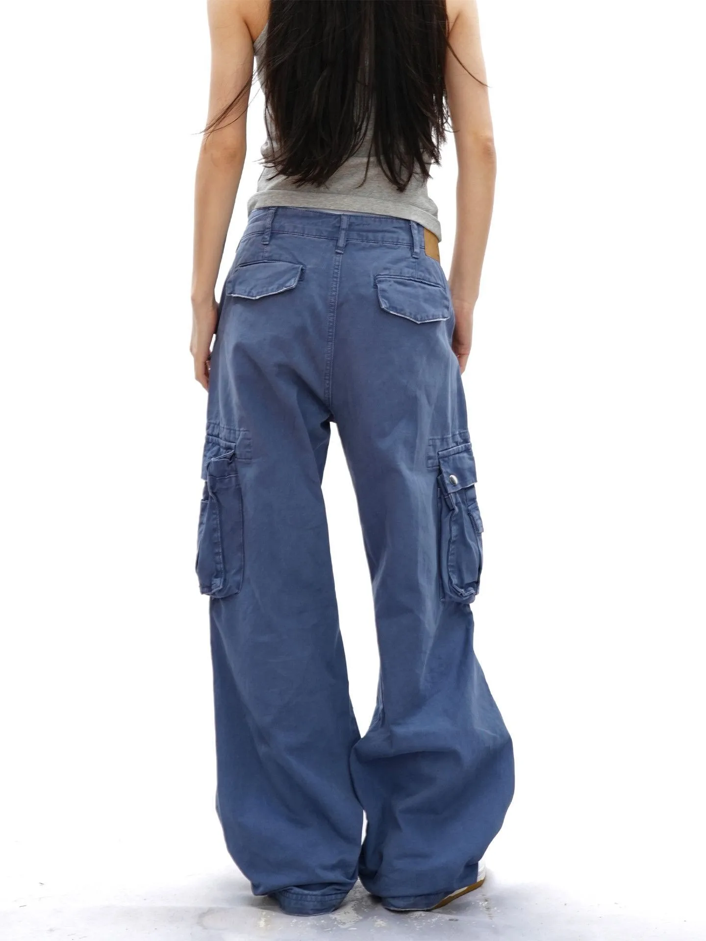 Retro French Workwear Blue Multi-Pocket Denim Pants Women's Casual American Street Style Loose Wide Leg Trousers
