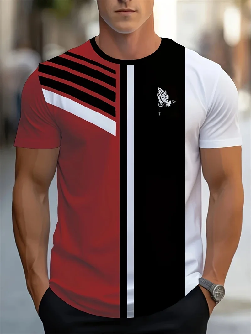 Modisches Herren-T-Shirt mit geometrischem Druck, Farbblock-Design, abstraktem Grafikmuster, gestreift, lässig, kurzärmelig, Streetwear-Oberteil