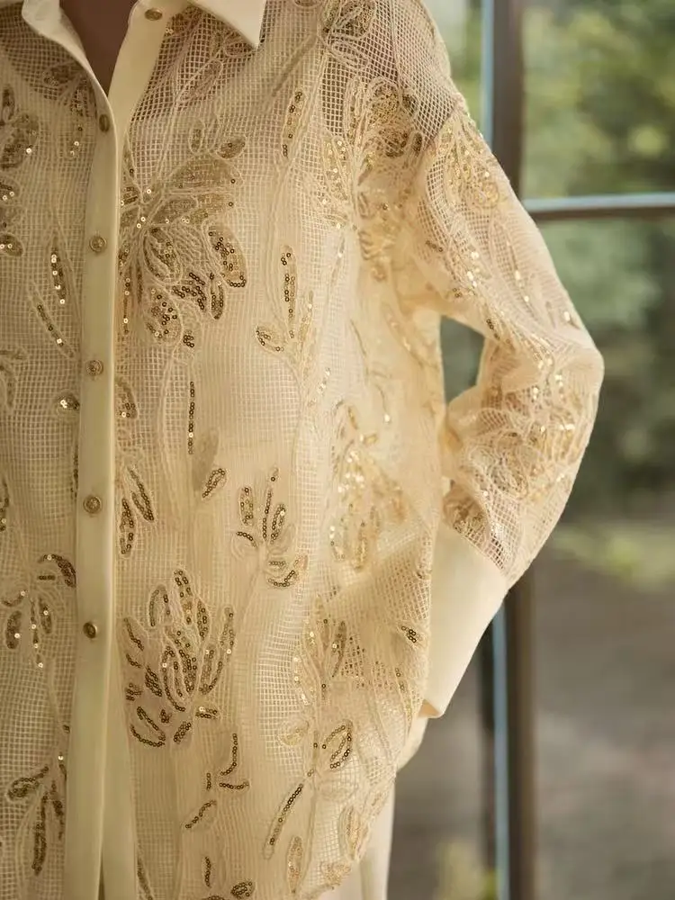 新作 スパンコール刺繍シャツ ブラウス レディース 長袖 ルーズ カジュアル トップス 女性服