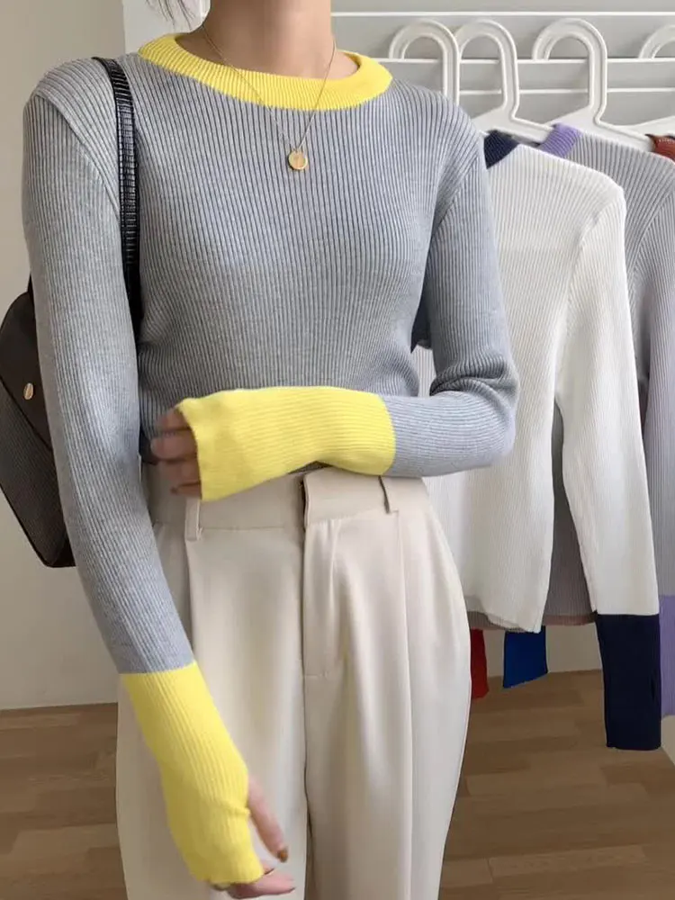 Damskie swetry dziergane jesienno-zimowa Patchwork Vintage sweter Femme wokół szyi wąski sweter Mujer 2022 Basi z długim rękawem Top