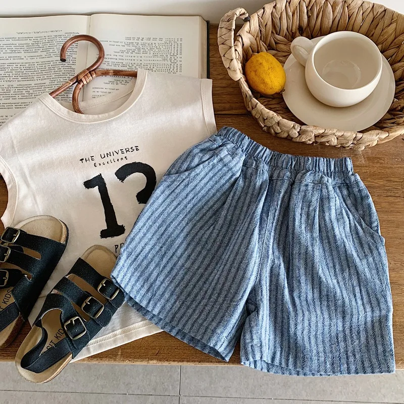 Bunana Original Kids' Denim Shorts Summer Thin Cotton Striped Five-Point Pants Unisex Baby Korean Style Breathable Soft Fabric