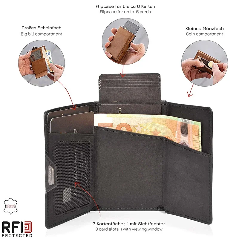 Imagem -04 - Moda Alumínio Carteira de Cartão de Crédito Rfid Bloqueio Trifold Smart Luxury Leather Homem Carteiras Slim com Moeda Bolso Vallet Titulares