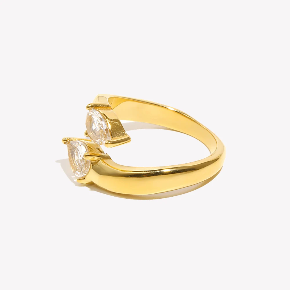 E.B.belle 18K Gold Plated Double-Headed Waterdrop Shiny Zircon Ring Minimalist 316L Stainless Steel Women Finger Jewelry