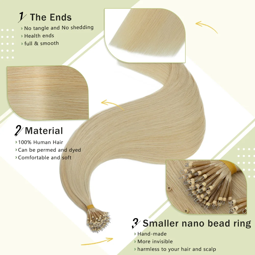 Nano Ring Hair Extensions Blonde Real Remy Nano Tip Human Hair 16-24 Inch Platinum Blonde Nano Bead Loop Extensions 50g