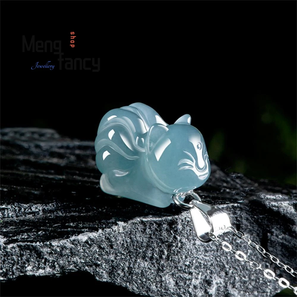 

Natural A-goods Jadeite Blue Water Three-dimensional Small Fox Nine-tailed Fox Ice Jade Pendant Cute Female Jade Pendant Gift