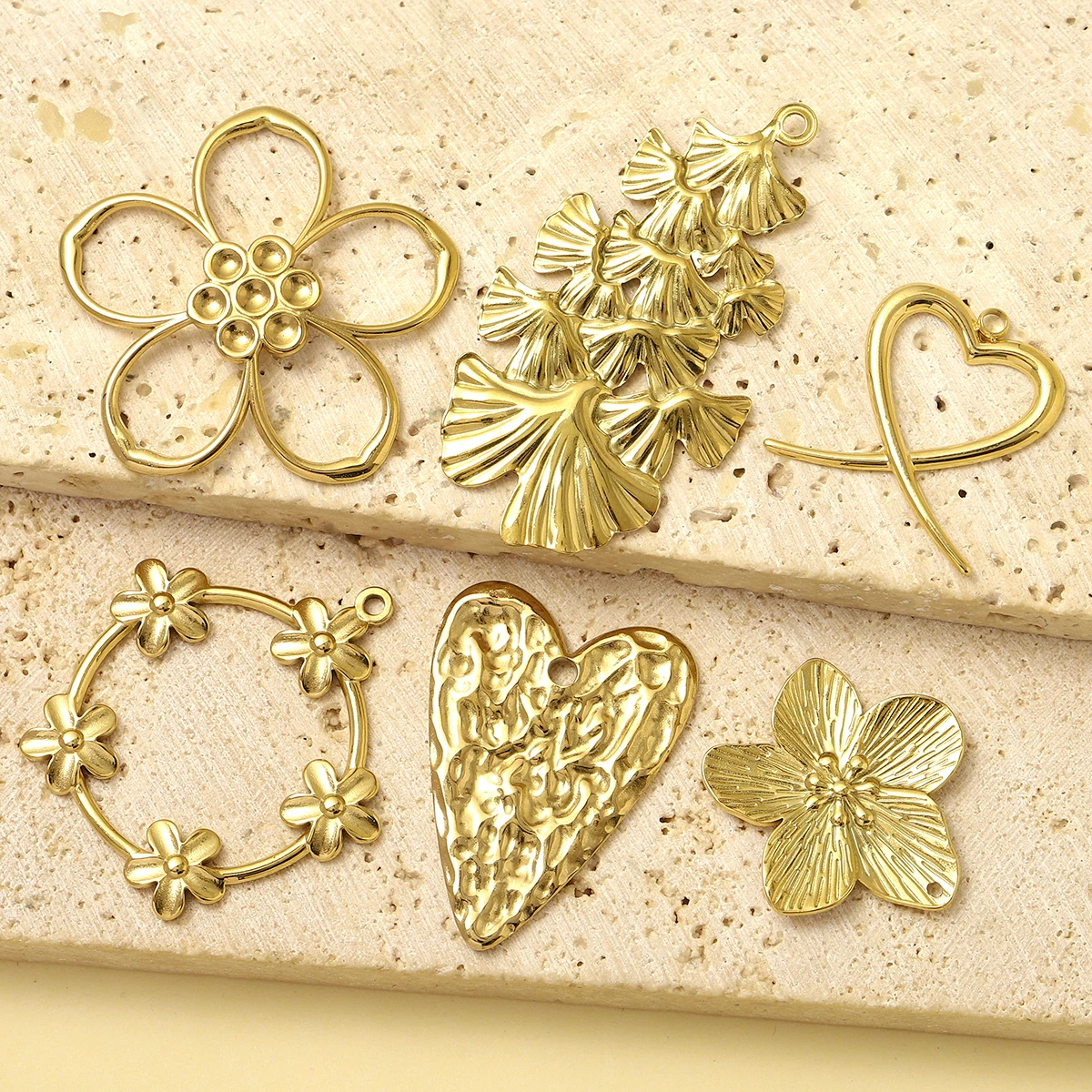 5pcs/Lot French Stainless Steel Garland DIY Earrings Charms Flower Heart Necklace Pendants Women\'s Ginkgo Leaf Jewelry Wholesale