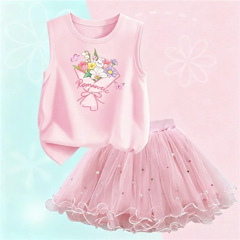 2pcs Girls Outfit Romantic Butterfly Flower Print Cotton Sleeveless Vest Beaded Ruffle Tutu Skirt Princess Holiday Outfit HS1