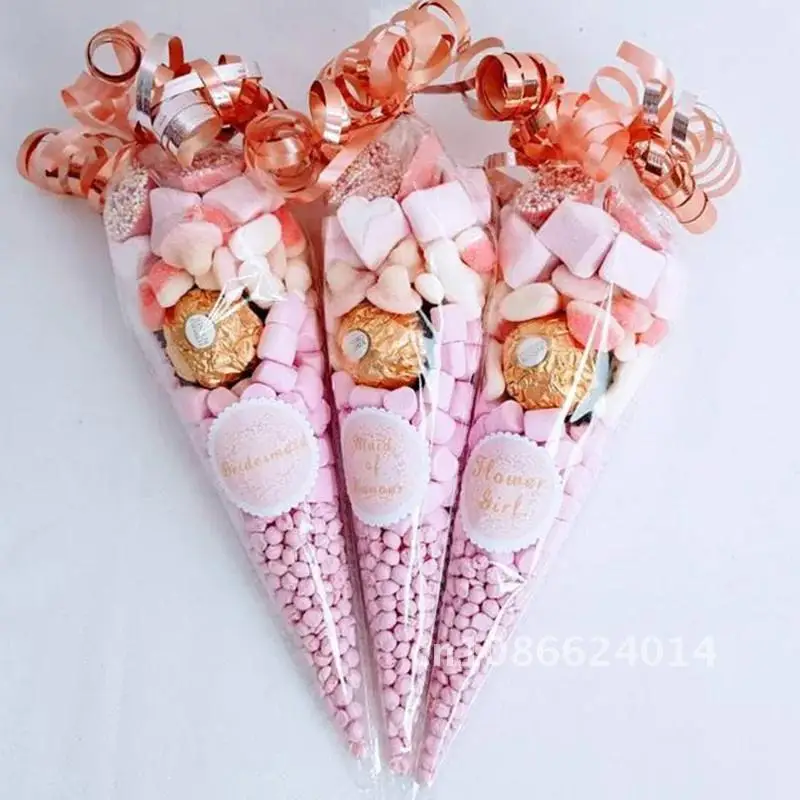 50pcs Candy Bag Wedding Birthday Party Favors Candy Cellophane Cone Storage Bags Girl 1st Birthday Decorations Organza Pouches