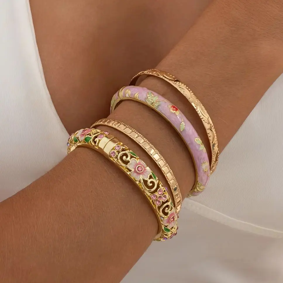 SHIXIN 4Pcs/Set Elegant Enamel Dropped Glaze Flower Texture Bracelet Women Retro Exquisite Glass Drill Gold Color Bangle Jewelry