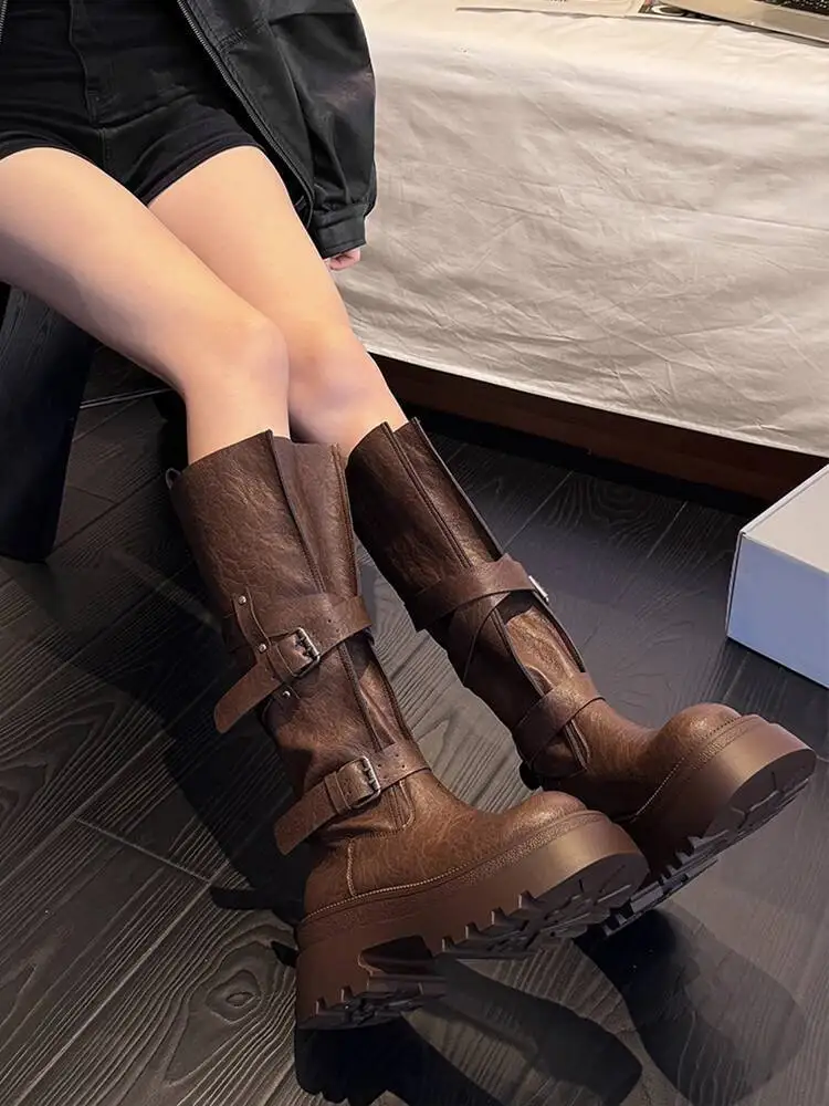

Women Motorcycle Boots 2025 Autumn New Women's Leather Knee High Boots Retro Versatile Belt Buckle Mid Calf Boots