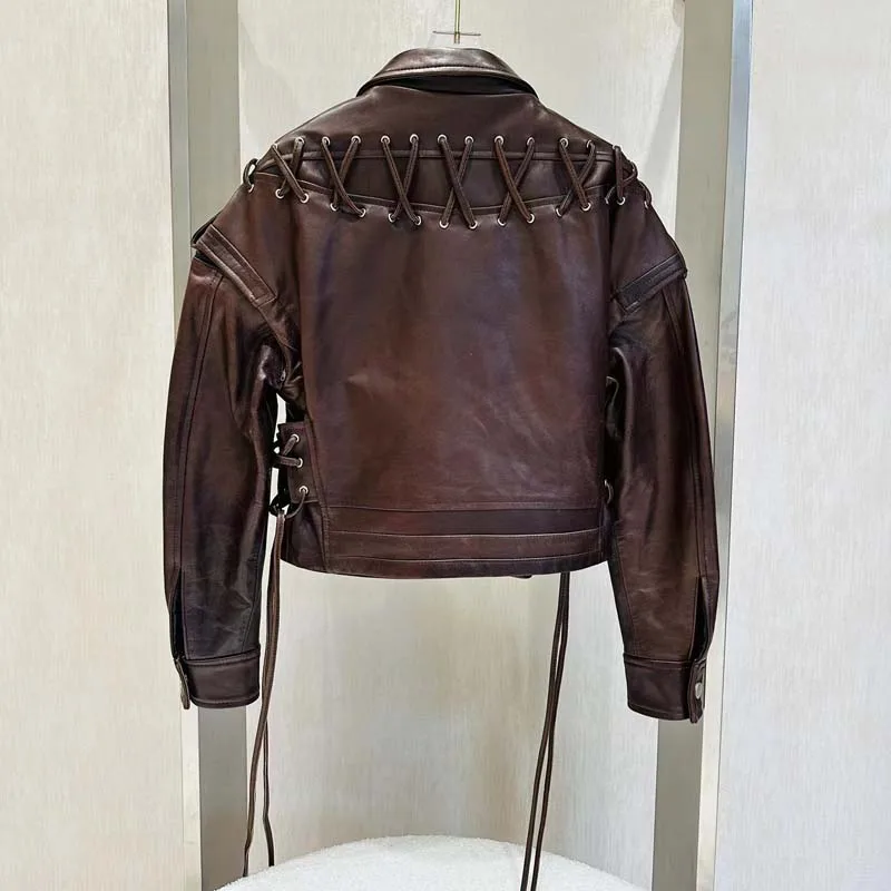 Women Coat Spring And Autumn 2023 Short Length Genuine Leather Jacket With Belt Vintage To Do Old Craft Sleeve Removable