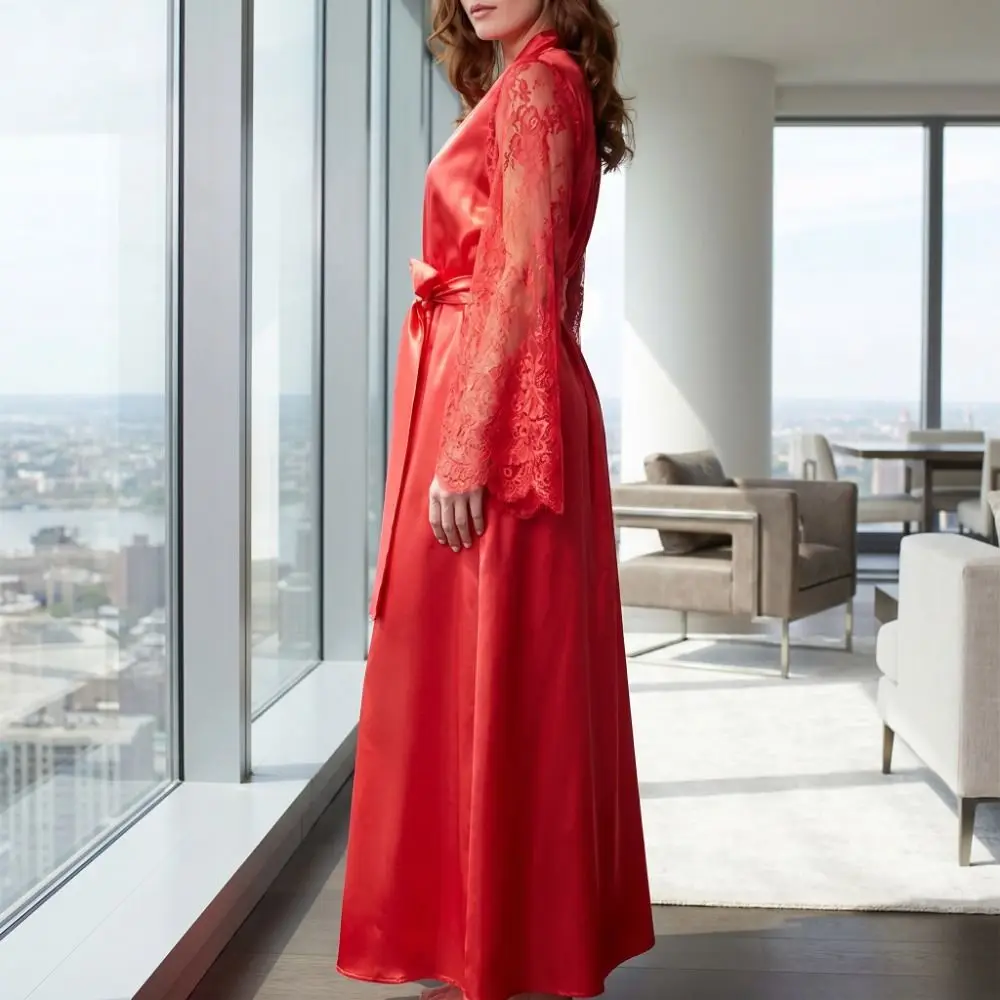 Home Clothes Long Sleeve Satin Night Robe Plus Size Comfortable Lace Robe Dress Sleepwear V Neck Silk Satin Nightdress Nightgown