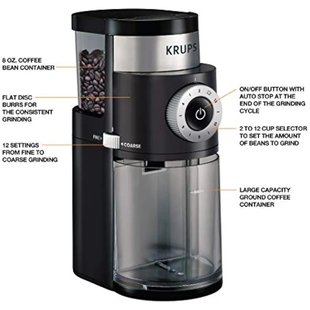 2023 New Krups Precision Plastic and Stainless Steel Flat Burr Coffee Grinder , 12 Cup 110 Watts 12 Grind Settings