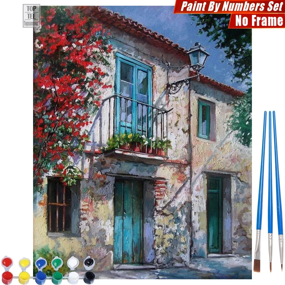 

Antique house flowers DIY Painting By Numbers Set - Turquoise door serene Living Room Wall Art Father'S Day Gift For Husband