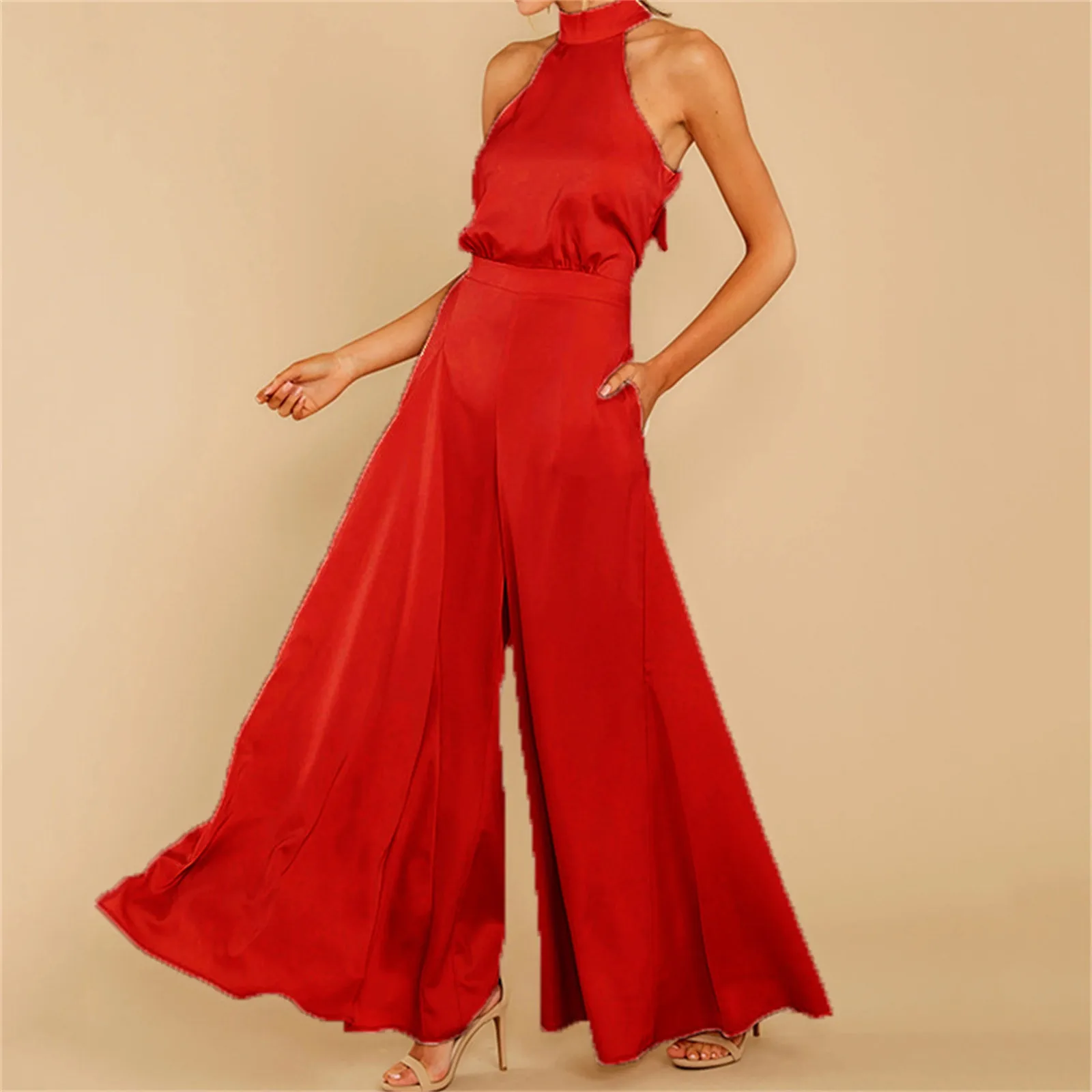 

Women's Strapless High Waist Hanging Neck Tie One Piece Wide Leg Pants Jumpsuit Women's Neckline Solid Colour Tie Jumpsuit