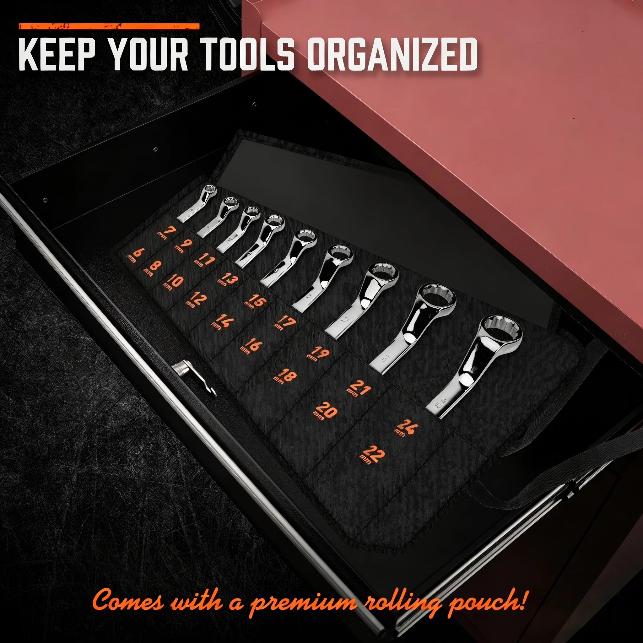 HORUSDY 9Pcs 50-Degree Offset Box Wrench Set, Metric 6-24mm CR-V Steel Heavy Duty with Rolling Pouch for Auto Repair