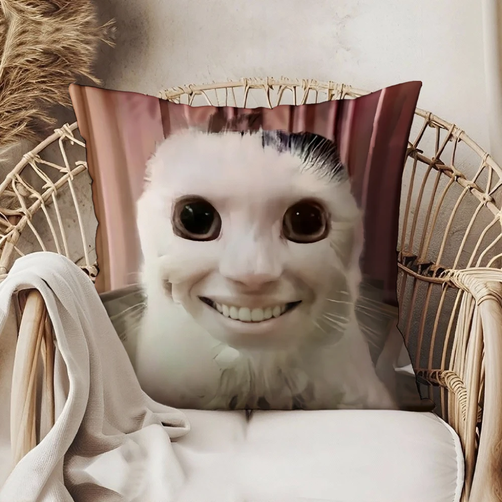 Square Throw Pillow Case Pink Background Funny White Cat Face With Big Eyes And Human Teeth Print Decorative Cushion Cover For L