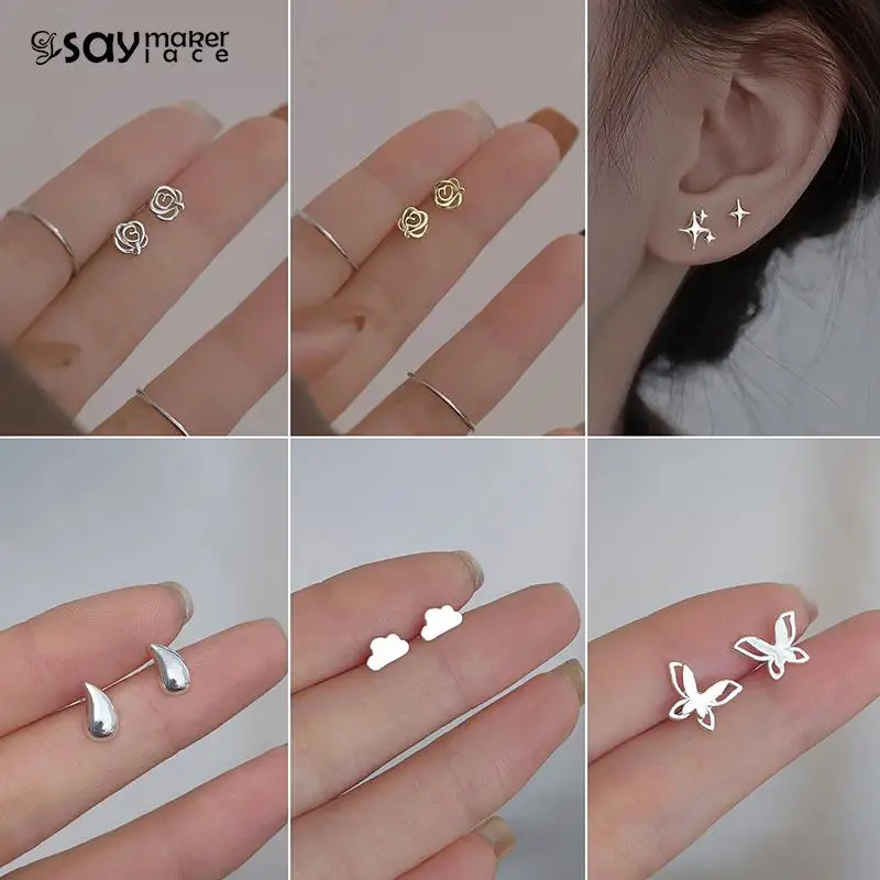 1Pair Minimalist Silver Needles Ear Studs Tulip Little Cherry Small Love Heart Earrings Women Butterfly Piercing Earring Gifts