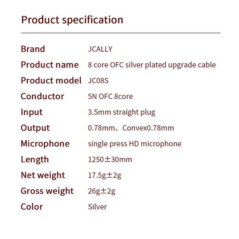 JCALLY جديد JC08S 8 أسهم 2Pin 0.78 مللي متر QDC KZ C دبوس مع ميكروفون سماعة ترقية كابل ل KZ EDX PRO الخروع CCA TRN