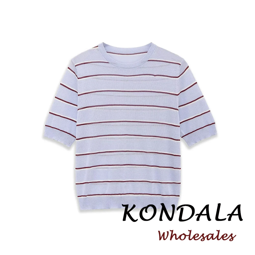 

KONDALA Chic Blue Striped Fashion 2026 Spring Modern Short Sleeve Streetwear Sweater Casual Commute Mujer Modern O-Neck Knitwear