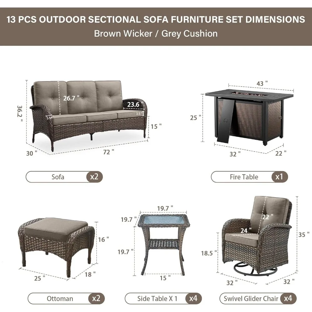 13 Pieces Outdoor Patio Furniture Set with 4 Swivel Glider Chairs and 50000 BTU Propane Fire Pit Table, Patio Conversation Set