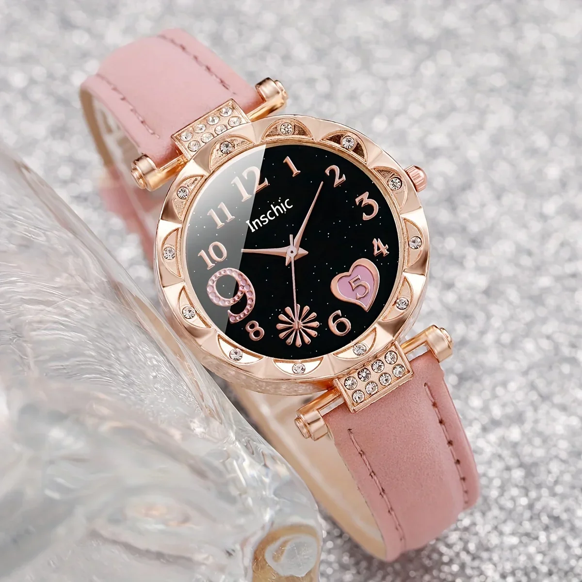 2 Pcs Pink Quartz Watches PU Leather Strap Zinc Alloy Pointer And Bracelet Jewelry For Women Not Include Watch Box