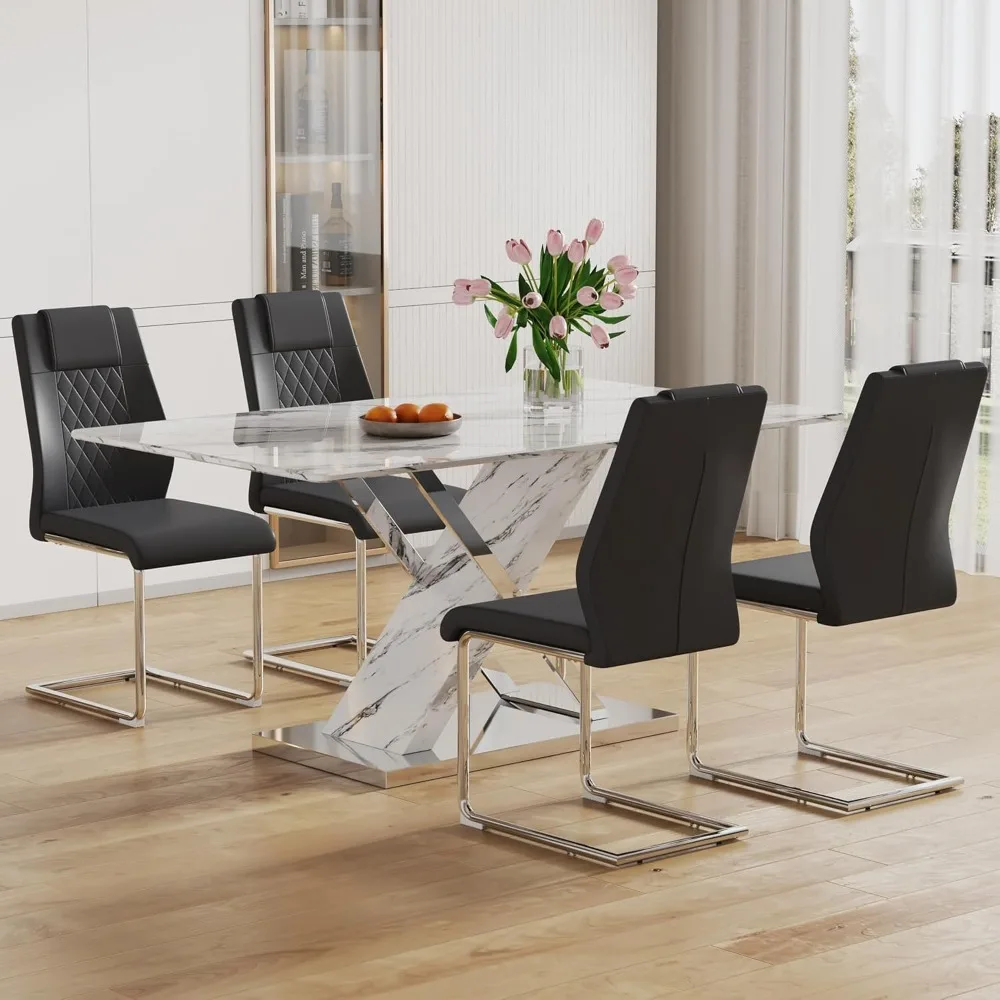 

Marble Dining Table Set for 4,63 in White Rectangular Table with Sliver Metal X-Shaped Frame and 4 Black Leather Dining Chairs