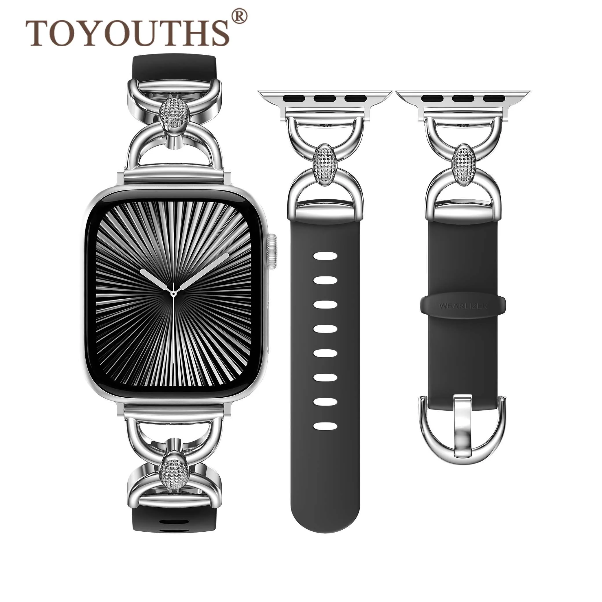 

TOYOUTHS Silicone Strap Metal Strap Compatible with Apple Watch Bands , Elegant Metal Chain For iWatch Series 10 9-1 Ultra SE