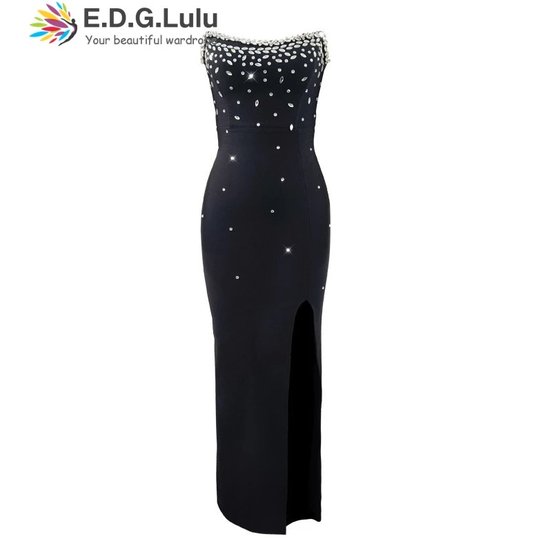 Edglulu sem alças estampagem quente emenda vestidos elegantes para mulher sexy sem costas garfo alto bodycon bandage vestido 0627