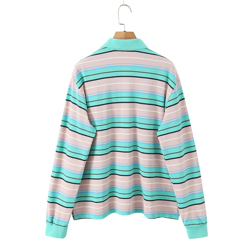 가을 여성 긴팔 라펠 칼라 스트라이프 티셔츠 면 루즈 캐주얼 티